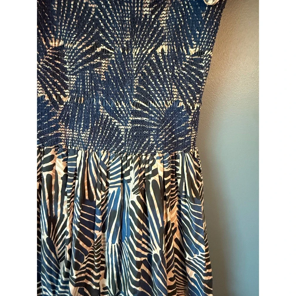 Cara Cara Blue Palm Print Smocked Midi Dress Ruffle Sleeve Cotton Medium - Picture 3 of 6